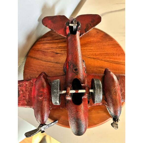 Vintage Cast Iron Red Airplane • Twin Engine • Heavy Antique Style Model Plane - Picture 13 of 16